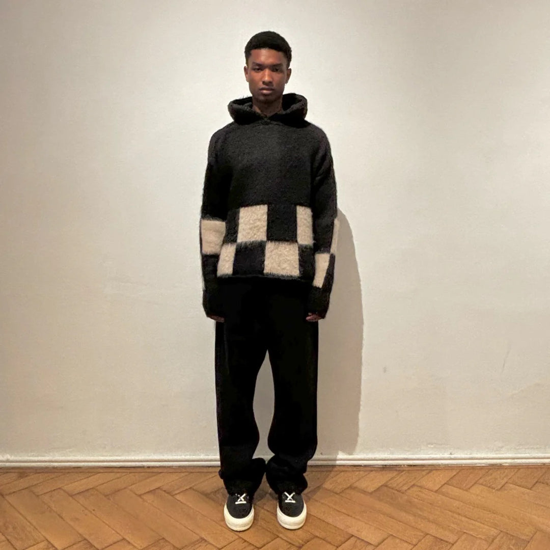 ASKYURSELF BRUSHED CHECKERED KNIT HOODIE