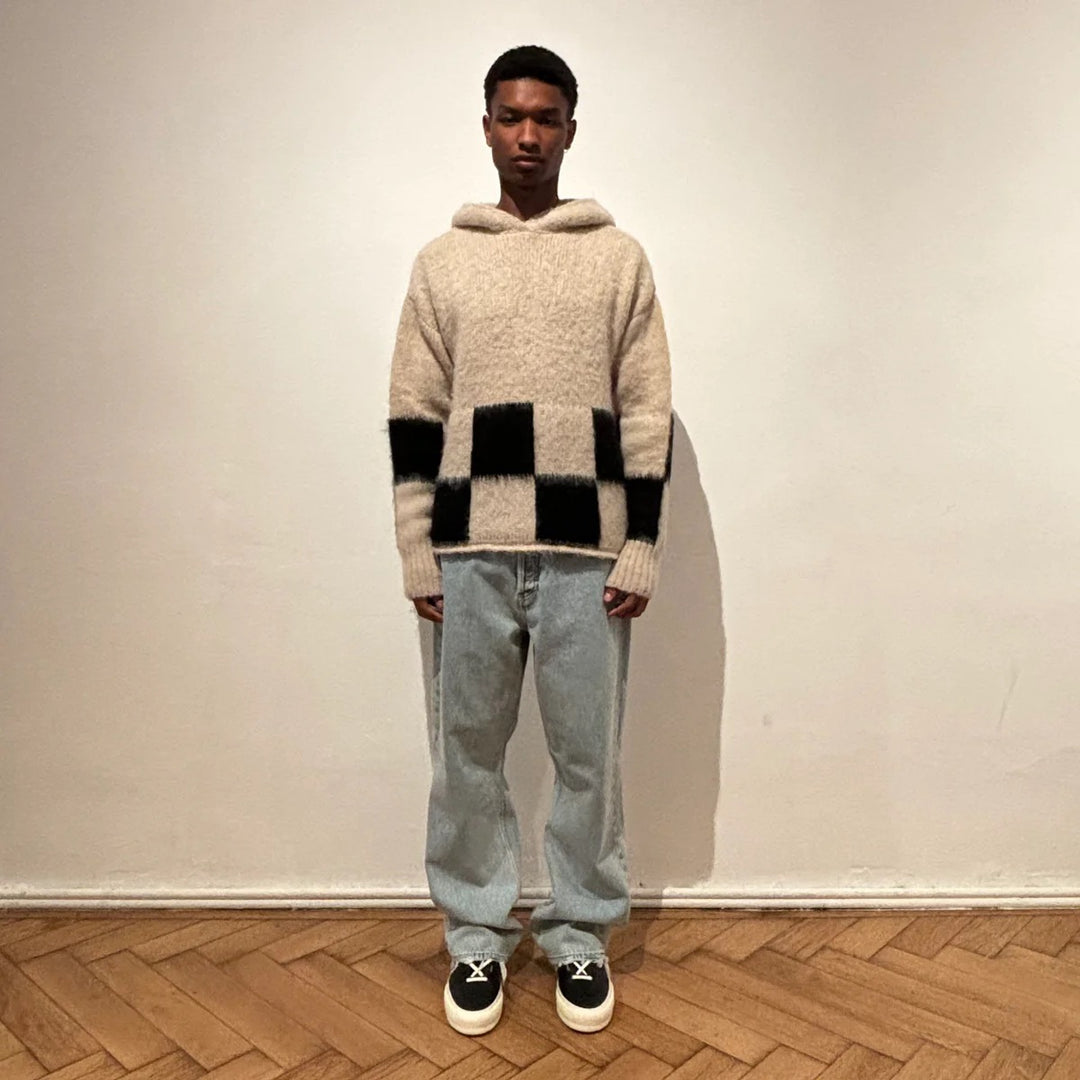 ASKYURSELF BRUSHED CHECKERED KNIT HOODIE